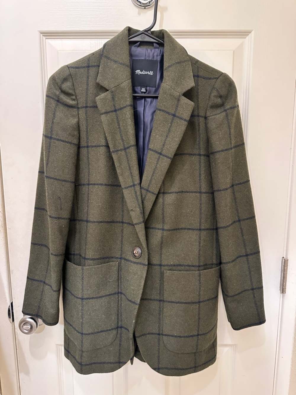 Madewell Olive Green Plaid Wool Blazer with Navy Windowpane